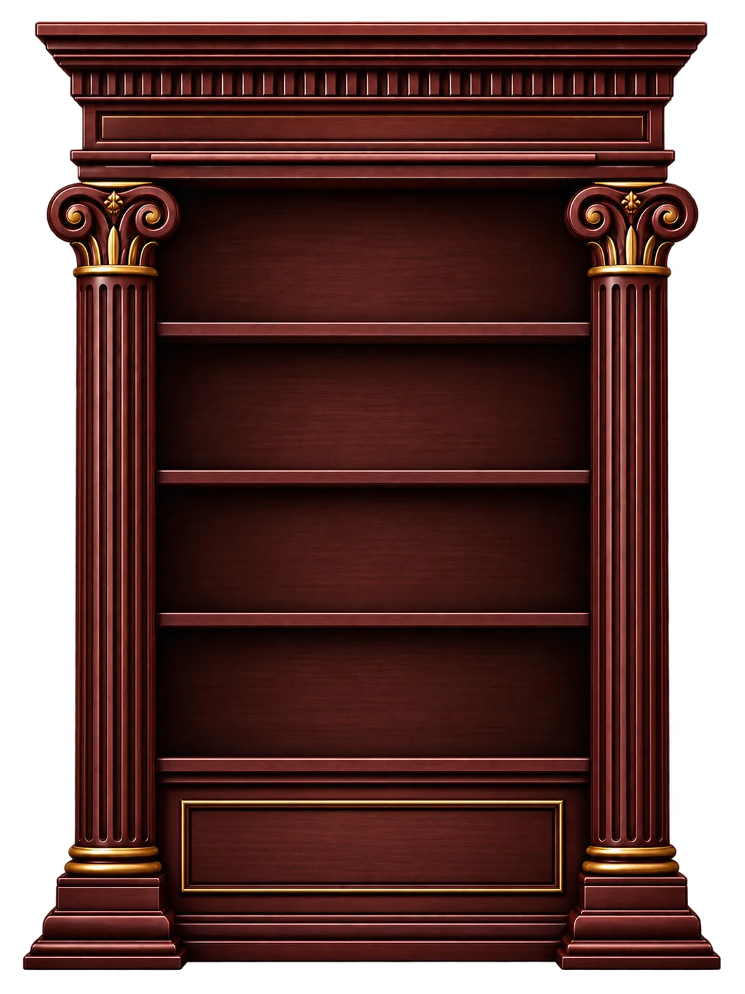 An empty wooden bookshelf
